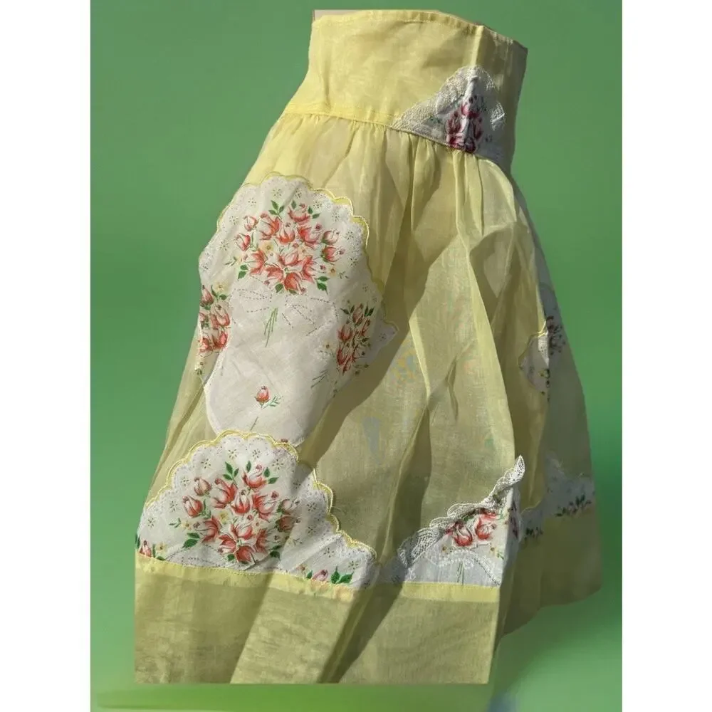 Vintage Floral Half Apron Pockets Sheer Yellow Lace Cottagecore Retro OS Patched